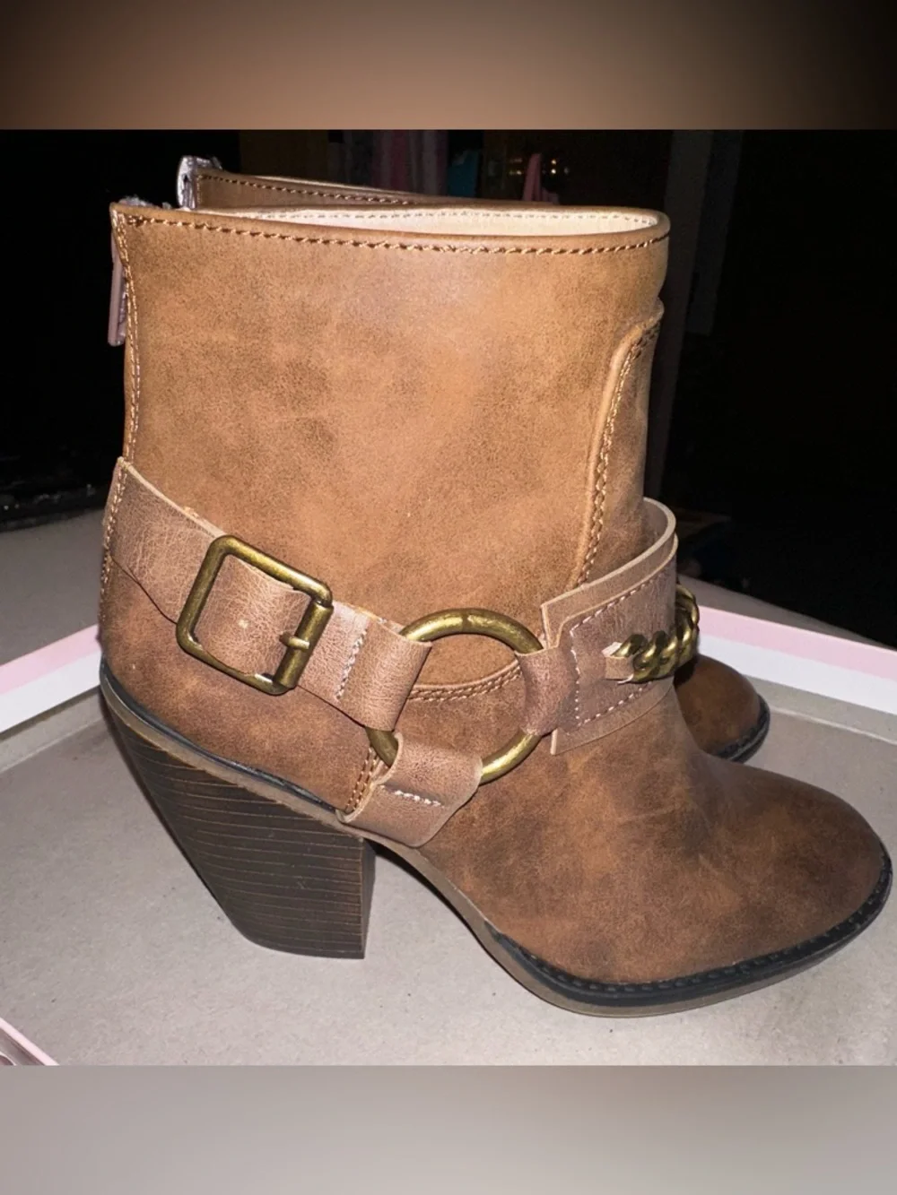 Candie’s Cognac Brown Ankle Booties with Decorative Ring and Chain - Picture 3 of 9